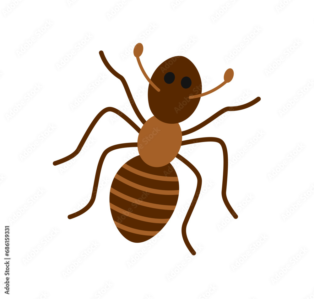 Cute wild insect. Sticker with small brown ant. Child drawing of bug or beetle. Funny garden or wild animal. Cartoon flat vector illustration isolated on white background Cute wild insect. Sticker with small brown ant. Child drawing of bug or beetle. Funny garden or wild animal. Cartoon flat vector illustration isolated on white background