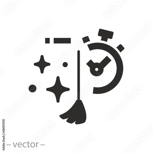 broom with stopwatch icon, fast clean, quick cleaning service, flat symbol - vector illustration