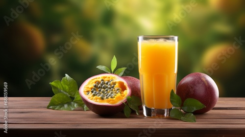 Passion fruit juice with ice in cafe or restaurant is a healthy drink on wooden table background with copy space for text