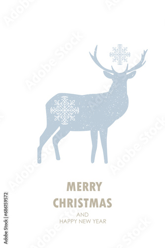 Vector Christmas and New Year illustration witn deer and snow flacke on white background.  Great background in  minimalist scandinavian  holiday aesthetics.