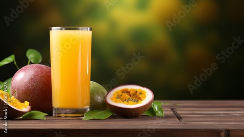 Passion fruit juice with ice in cafe or restaurant is a healthy drink on wooden table background with copy space for text