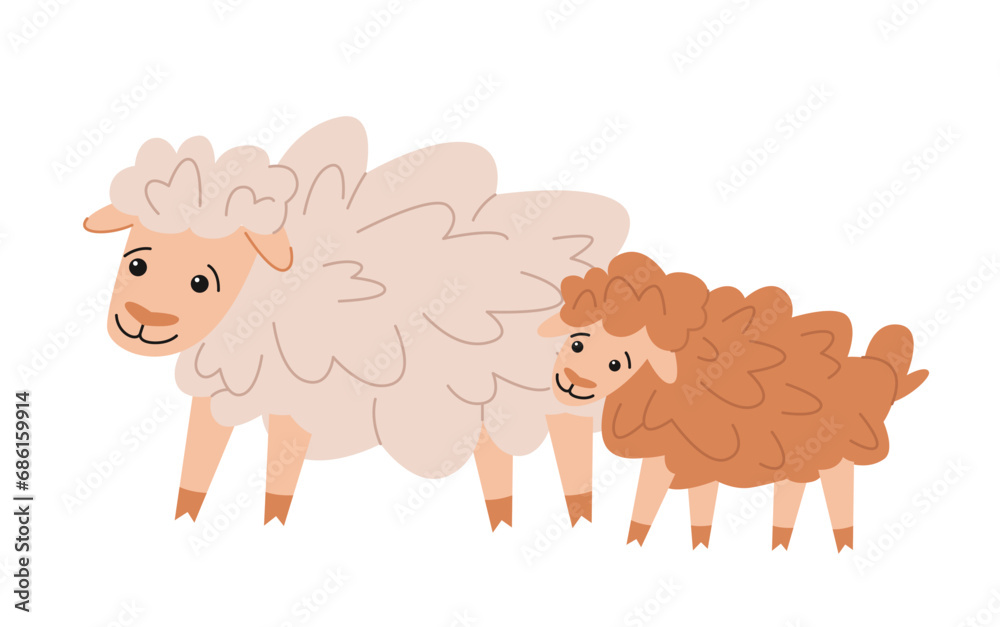 Obraz premium Cute farm animal. Colorful sticker with mother lamb and baby sheep. Wool production. Agriculture in countryside. Cartoon flat vector illustration isolated on white background