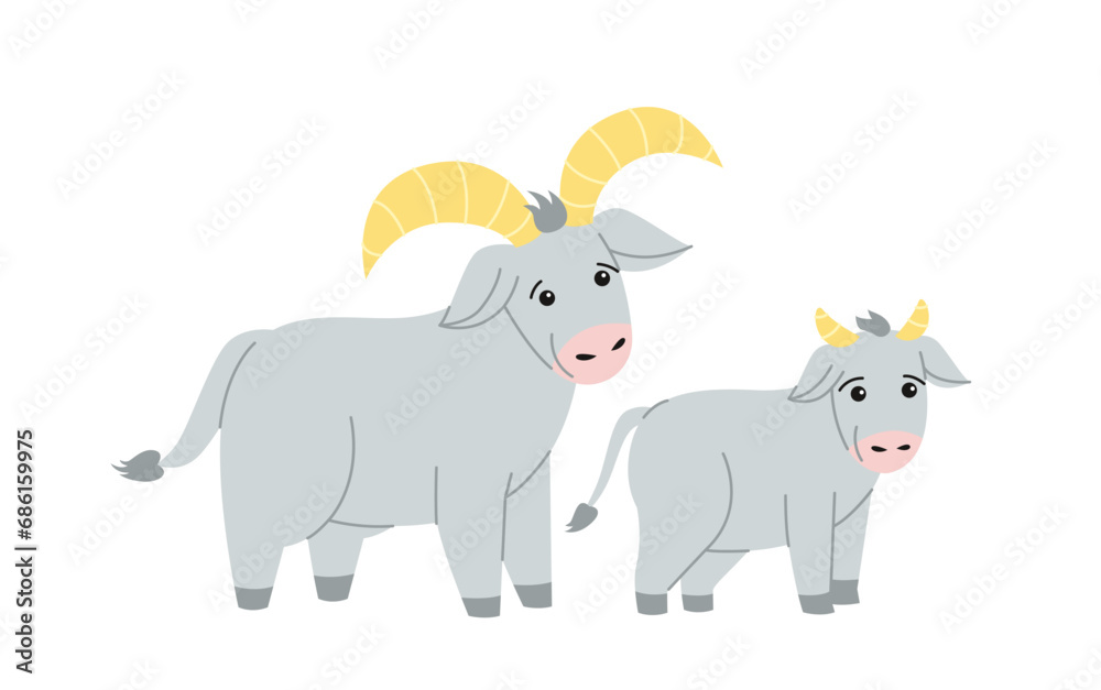 Cute farm animal. Colorful poster with two smiling goats. Mom and baby ram. Grazing agricultural cattle. Village or countryside. Cartoon flat vector illustration isolated on white background