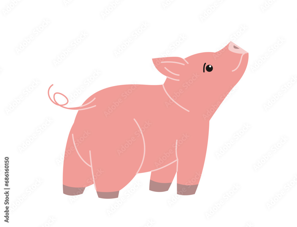 Cute farm animal. Colorful doodle sticker with pink pig. Agricultural piglet. Farming in countryside. Small livestock. Cartoon flat vector illustration isolated on white background