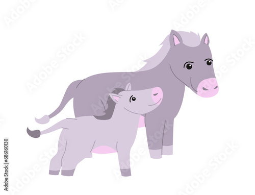 Cute farm animal. Poster with smiling donkeys. Mother and baby. Agricultural grazing cattle. Farming and production of organic products. Cartoon flat vector illustration isolated on white background