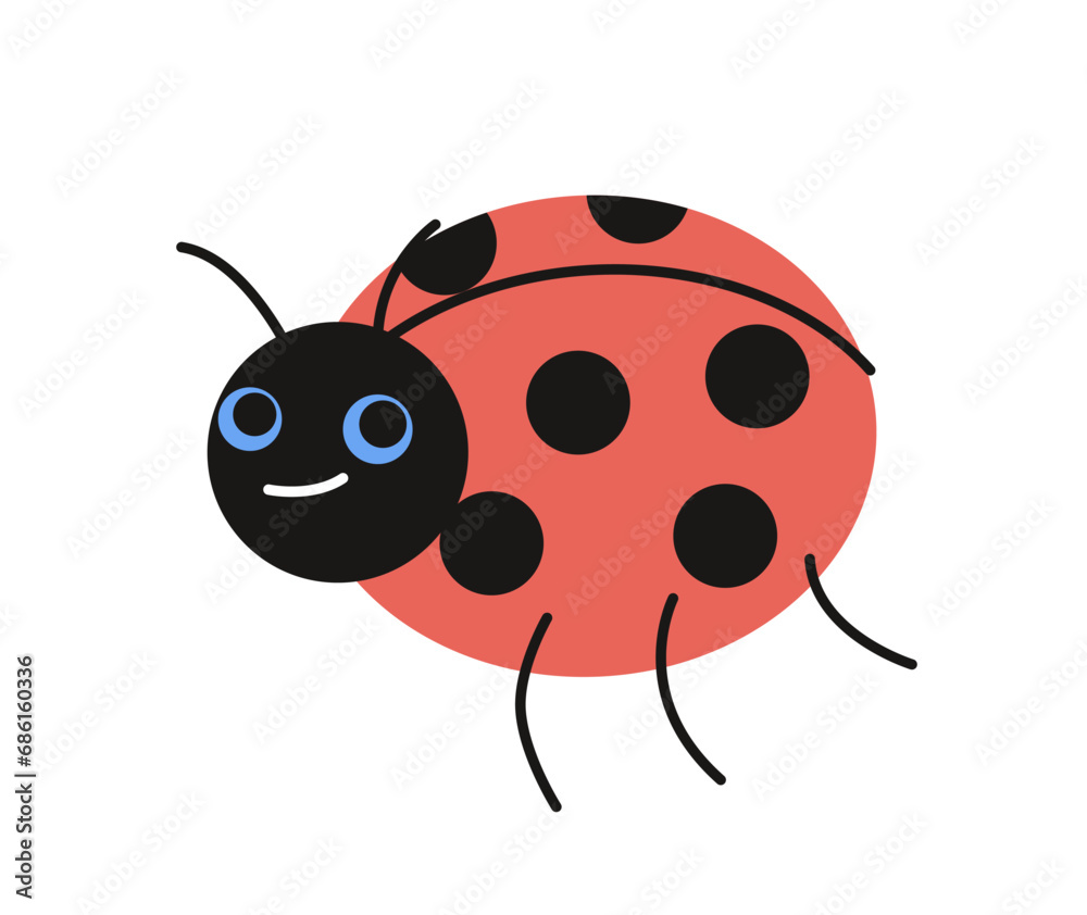 Cute insect icon. Colorful sticker with smiling red ladybug in polka dots. Wild or garden flying animal. Design element for print. Cartoon flat vector illustration isolated on white background Cute insect icon. Colorful sticker with smiling red ladybug in polka dots. Wild or garden flying animal. Design element for print. Cartoon flat vector illustration isolated on white background