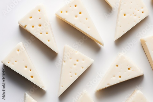 Different kinds of delicious cheese on white background. Fresh dairy products, traditional pieces of Spanish, French, Italy cheese. Symbols of jewish holiday - Shavuot photo