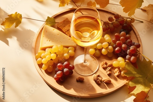 Glass of white wine with grape, cheese and nuts served on light sunny background. Serving lunch at the winery. Romantic drink for party, wine shop or wine tasting concept. Sunbeam. Copy space