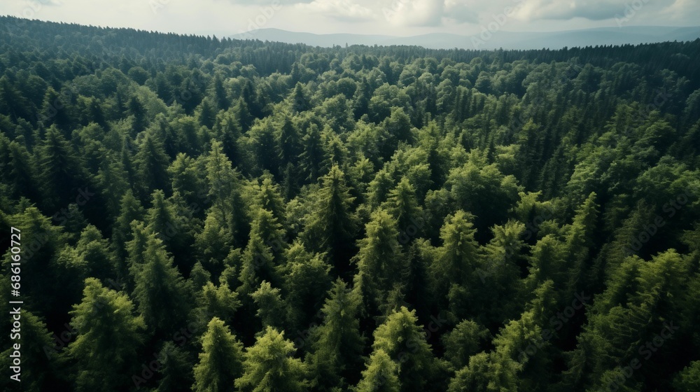 Aerial view capturing the beauty of a dense forest with towering trees.
