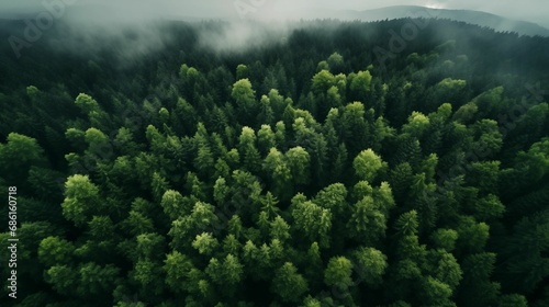 Aerial view capturing the beauty of a dense forest with towering trees. © kept