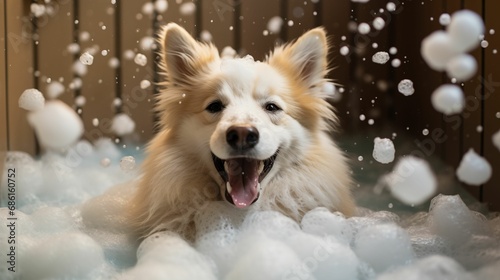 An adorable dog, its fur is covered with foamy bubbles. © kept