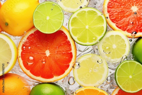Slices of fresh juicy oranges, sweetie, lemons, grapefruits and limes in water. Citrus fruits cut pattern. Vibrant color summer design. Flat lay, top view photo