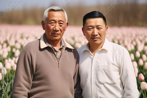 portrait photo of Mongolian 65 years old thin man with 30 years old man in tulip garden, wearing casual clean white shirt