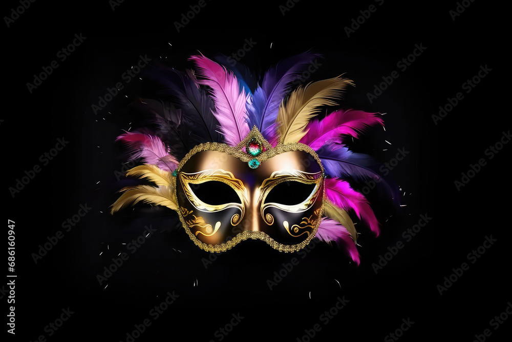 Golden venetian mask for italian Carnevale, decorated with colorful feathers and isolated on a dark background. 