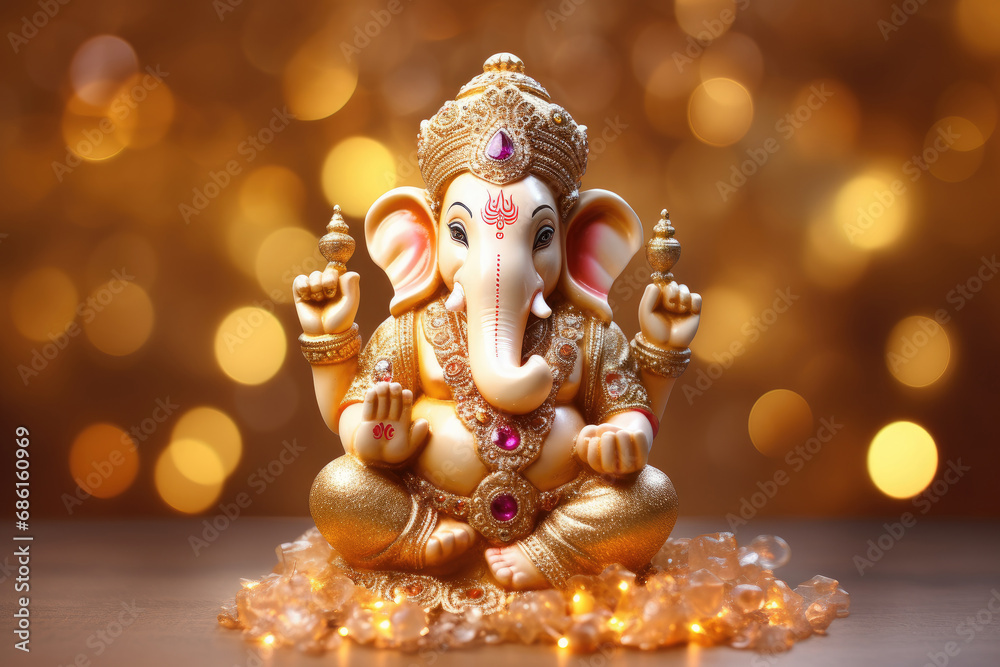 Fototapeta premium Hindu Lord Ganesha with blurry beautiful and colorful decorative background, Ganesha Ganpati statue, Ganesha festival, Hindu lord concept.