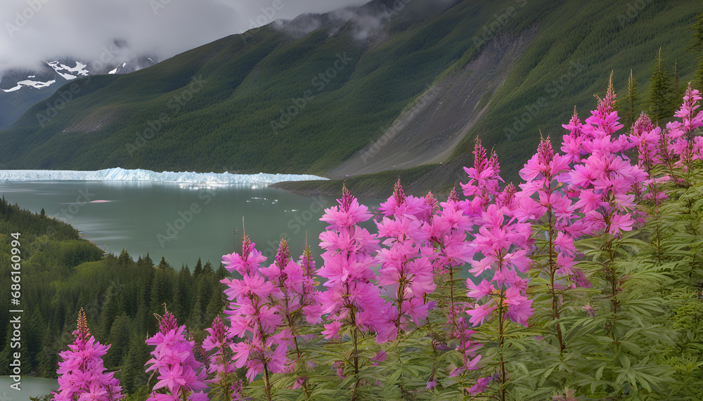 landscape with lake and Beautiful pink flowers