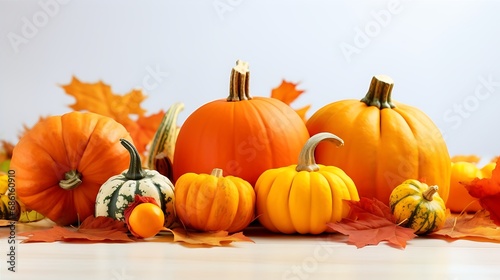 Pumpkins and Autumn leaves decoration set for autumn, thanksgiving festive party greeting concept