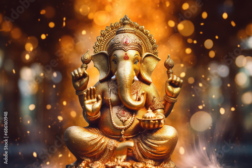 Hindu Lord Ganesha with blurry beautiful and colorful decorative background  Ganesha Ganpati statue  Ganesha festival  Hindu lord concept.