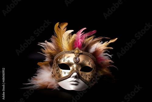 Traditional venetian carnival mask with colorful feathers on a dark background. 