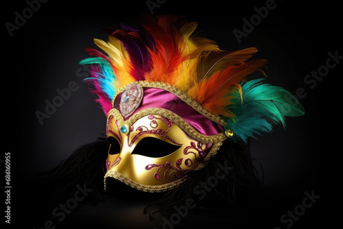 Colorful traditional venetian carnival mask decorated with feathers on a dark background. 
