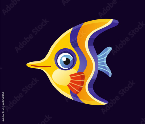 Cute underwater animal. Colorful sticker with beautiful aquarium fish angel. Domestic sea pet. Ocean dweller or marine creature. Cartoon flat vector illustration isolated on white background