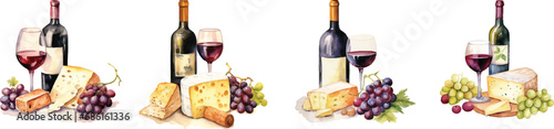 Watercolor illustration set clipart of cheeses for wine, design, print, vector