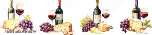 Watercolor illustration set clipart of cheeses for wine, design, print, vector
