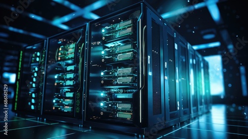 High performance data servers. Ultra high performance servers in data center rack, operating at full load with stability and optimum processing power. Glowing hardware and cables photo
