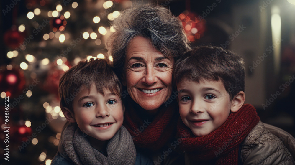 Grandma, with a smile on her face, sits with her two grandchildren in front of a colorful Christmas tree, savoring the festive moment of togetherness.