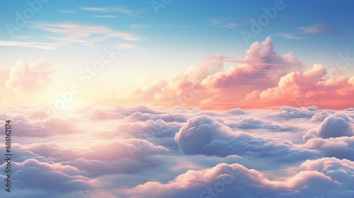 Heavenly sky, Sunset above the clouds abstract illustration, Extra wide format, Hope, divine, heavens concept