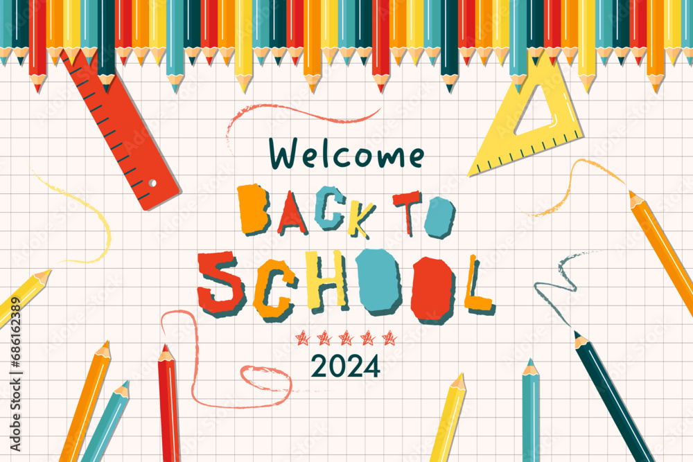 Back to school banner design. Modern illustration of colorful crayon pencils frame and text. Student, pupil. Trendy vector illustration for card, web banner design.