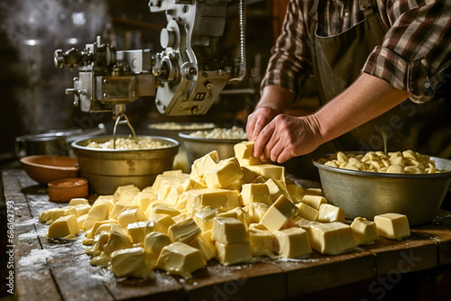 A master cheese maker makes butter in a small dairy. photo