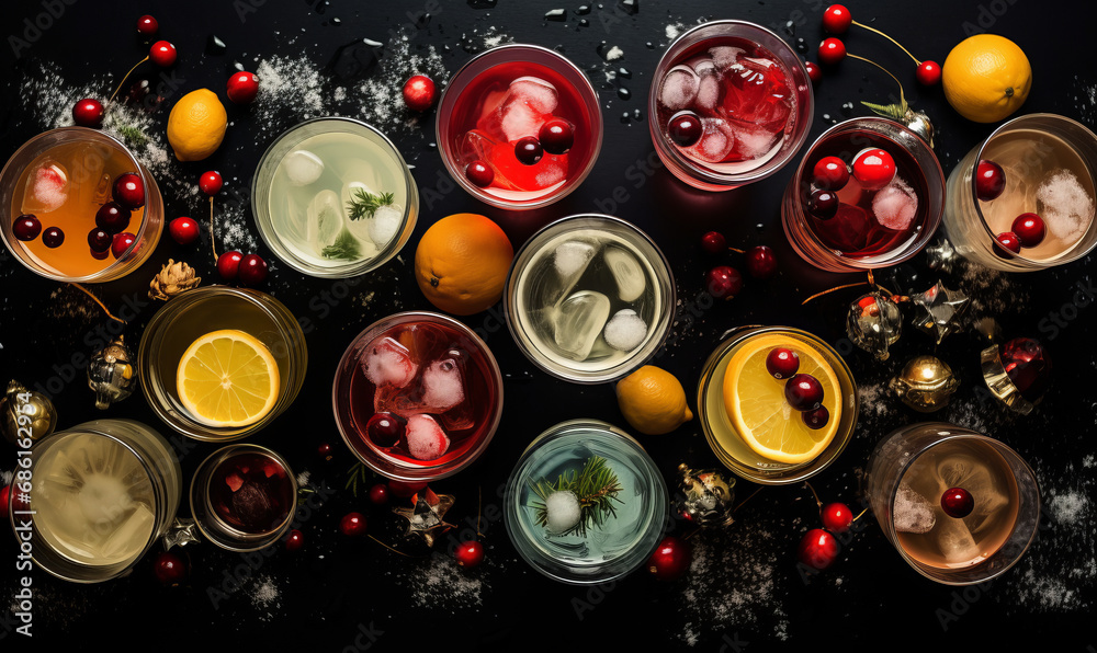Overhead top down view of christmas cocktails on a bar - obrazy, fototapety, plakaty 