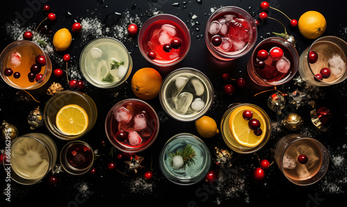 Overhead top down view of christmas cocktails on a bar photo