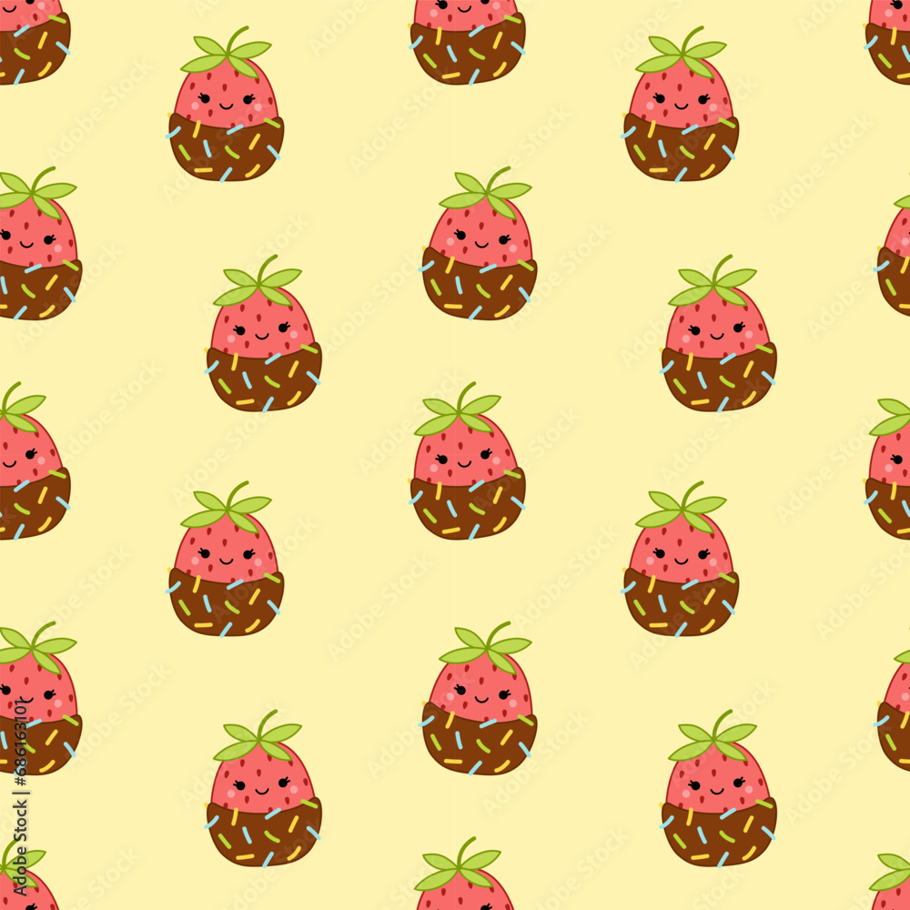Fototapeta premium Yellow seamless pattern with strawberry in chocolate. Squishmallow. Strawberry. Kawaii, Vector