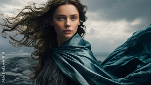 A young, beautiful lady with a trench coat stands on the seashore in the evening hours. The wind gently carries her hair, creating a picture of a romantic moment by the coast.