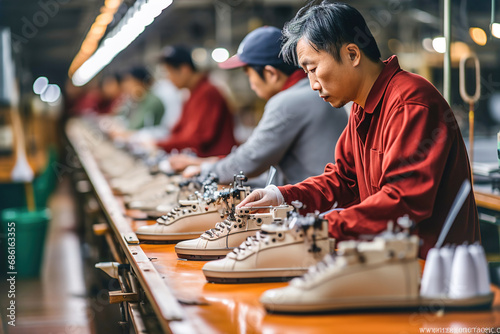 A man working on a pair of shoes in Asian shoe factory.