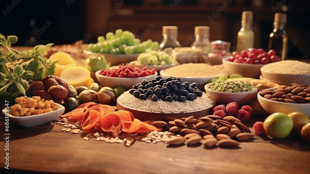 Health food for fitness concept with fruit, vegetables, pulses, herbs, spices, nuts, grains and pulses. High in anthocyanins, antioxidants, smart carbohydrates, omega 3, minerals and vitamins. Health food for fitness concept with fruit, vegetables, pulses, herbs, spices, nuts, grains and pulses. High in anthocyanins, antioxidants, smart carbohydrates, omega 3, minerals and vitamins.