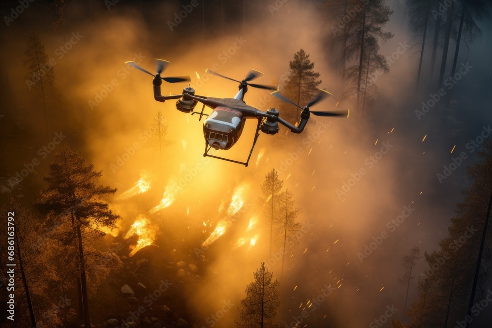 Air firefighting with drone of wildfire in forest.