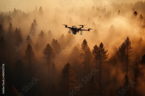 Air firefighting with drone of wildfire in forest.