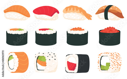 Set of sushi and sashimi. A traditional Japanese dish. Rice with fish. Delicious restaurant food. Vector illustration