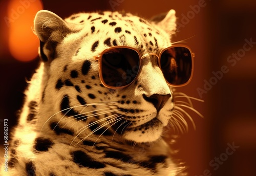 Snow leopard in sunglasses close-up. Portrait of a snow leopard. Anthopomorphic creature. Fictional character for advertising and marketing. Humorous character for graphic design. © Login