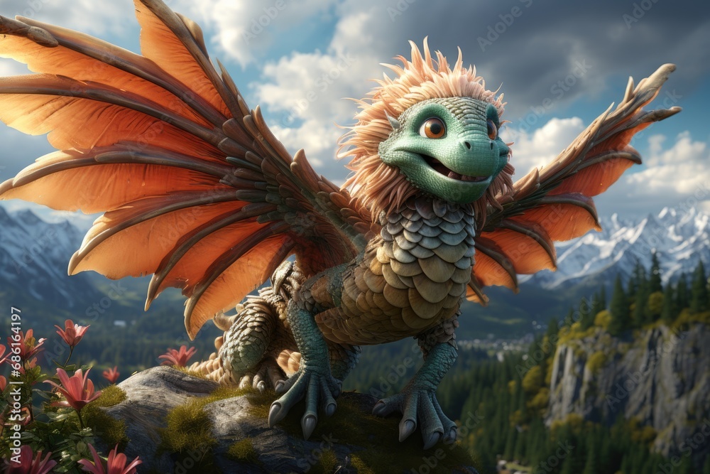 A dragon in a cartoon style and mountains in one frame - obrazy, fototapety, plakaty 