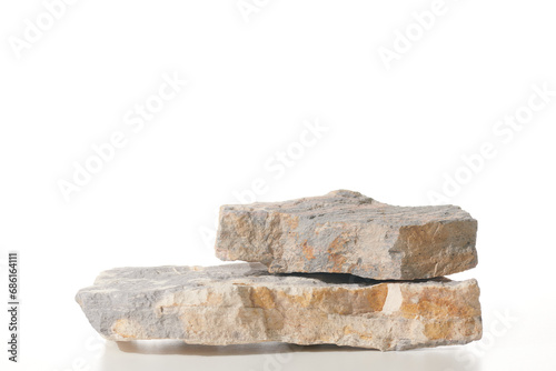 Flat stone pedestal on white background, textured template for mock-up, banner. Minimalism concept, empty podium display product, presentation scene