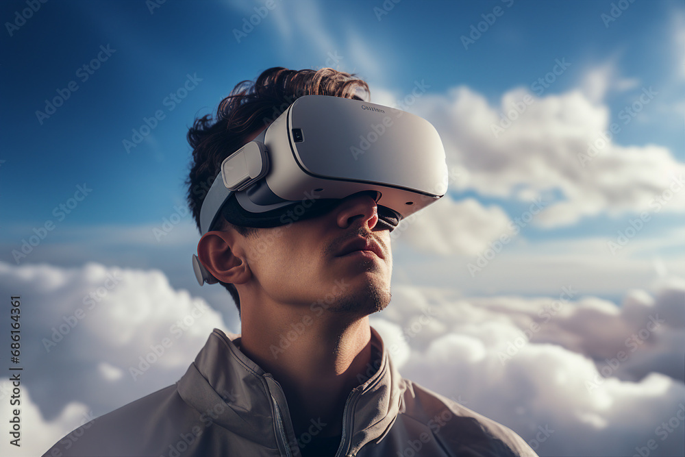 Youngster watching 3d object in virtual world fun cheerful vr glasses goggles generative ai Youngster watching 3d object in virtual world fun cheerful vr glasses goggles generative ai