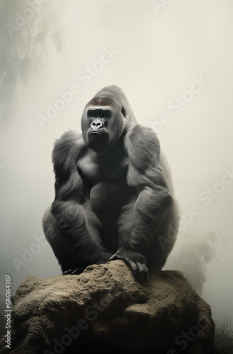 A large gorilla sits on top of a rock in the fog.