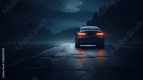 Escape car. Midnight road or alley with a car driving away in the distance. Wet hazy asphalt road or alley. crime, midnight activity concept © Usman