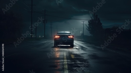 Escape car. Midnight road or alley with a car driving away in the distance. Wet hazy asphalt road or alley. crime, midnight activity concept © Usman