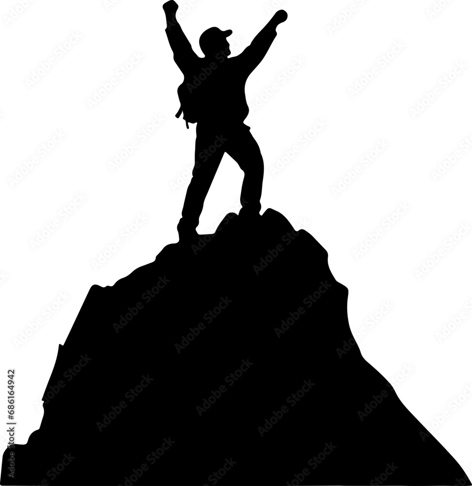 Hiker man standing and opening arms on top mountain silhouette