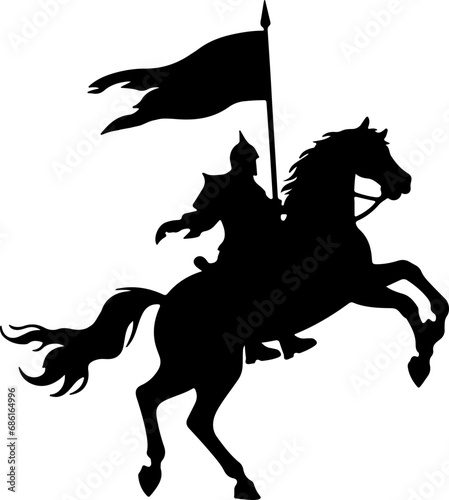 Royal Knight Ride Horse and Raising Flag Silhouette